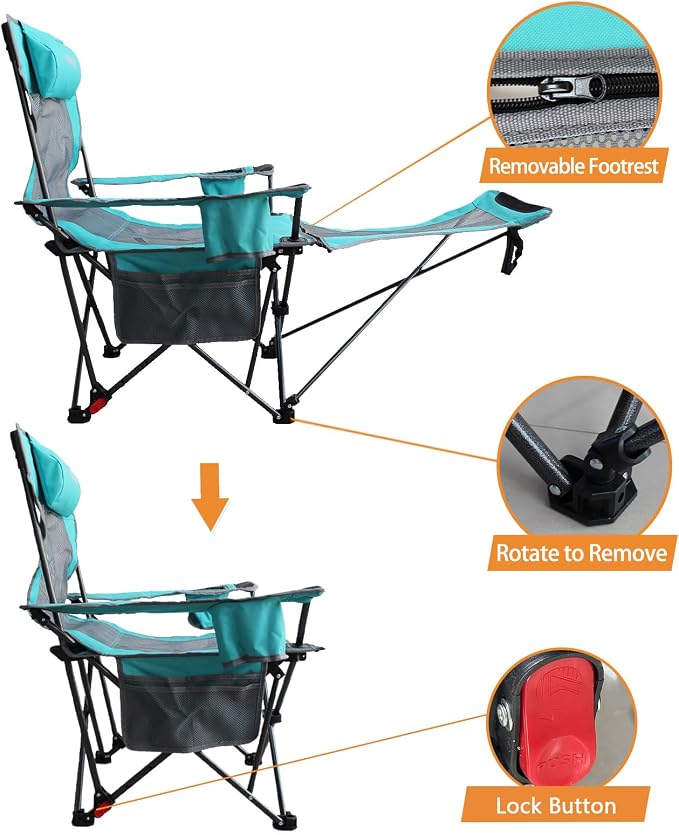 Reclining Camping Chair with Removable Footrest Lounge Chair with Headrest - Image 5