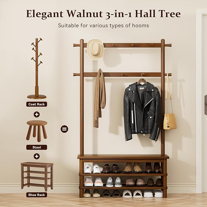 Hall Tree with Shoe Storage Bench, 3-in-1 Entryway Coat Rack with Bench - Image 3