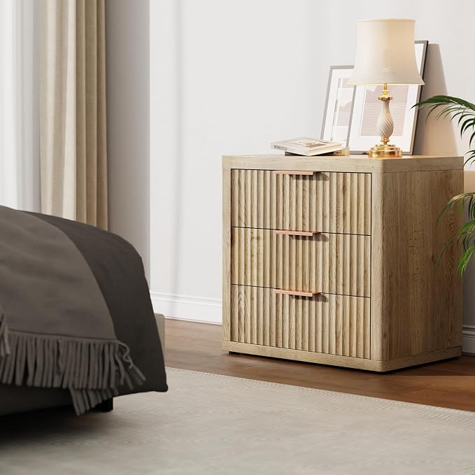 Night Stand with 3 Drawers, Fluted Bed Side End Table with Metal Handle - Image 7