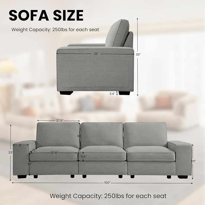 TEKAMON 100" Modular Sofa with Seats Storage, Comfy 3-Seater Chenille Fabric - Image 2