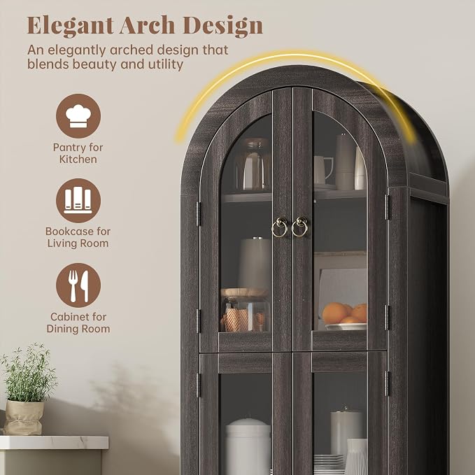 71" Tall Arched Cabinet with Acrylic Door, Modern Curio Arched Bookcase W/Drawer - Image 3