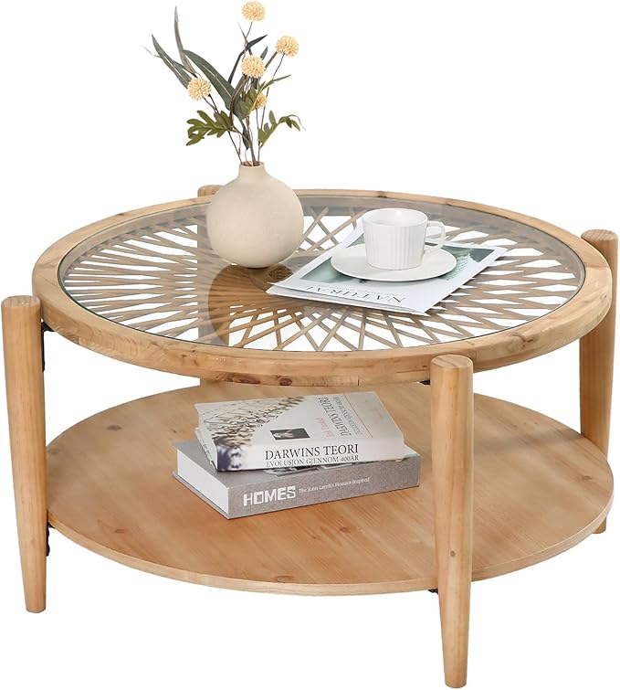 RUSTOWN Rattan Coffee Tables, 2-Tier Round Boho Cocktail Tables, Mid Century by RUSTOWN