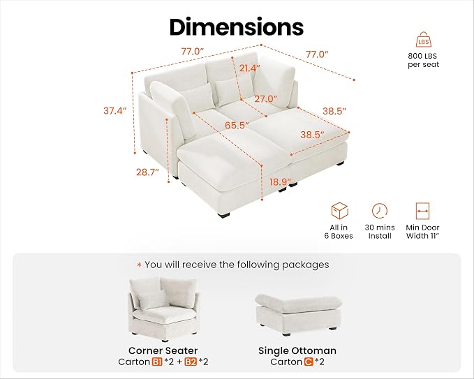 77" Oversized Chenille Couch Modular Sectional Sofa, Washable Cloud Couch - Image 2