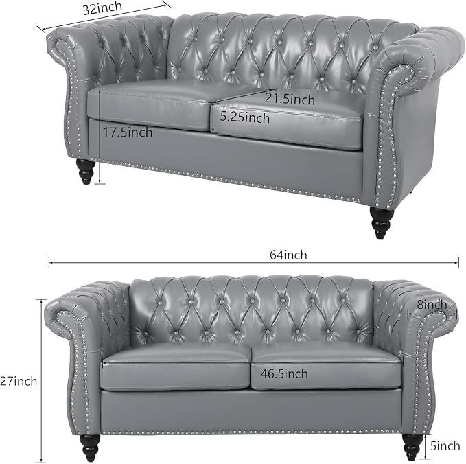Chesterfield Loveseat Sofa, Modern Leather Small Sofa Couch 2 Seater - Image 2