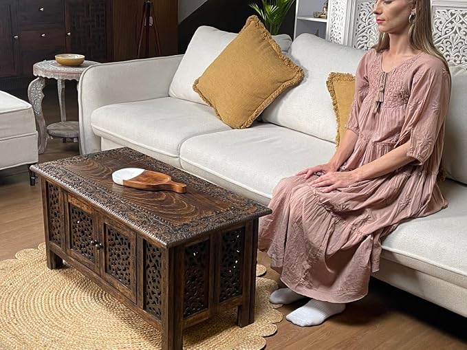 Hand-Carved Wooden Coffee Table – 36” x 18” Rectangular Mango Wood Center Table - Image 6
