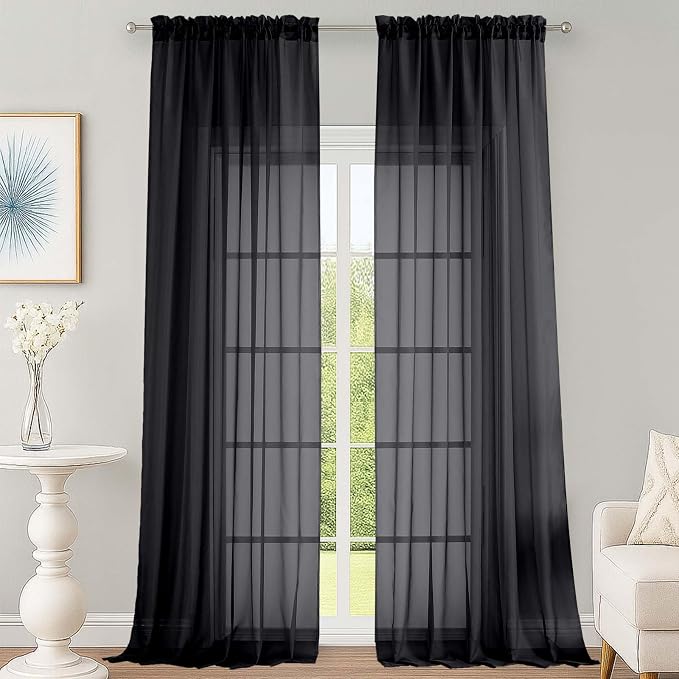 Black Sheer Curtains 120 Inches Long 2 Panels Set, Airy Lightweight Sheer Black by OWENIE