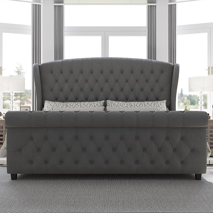 AMERLIFE King Size Platform Bed Frame, Velvet Upholstered Sleigh Bed - Image 3