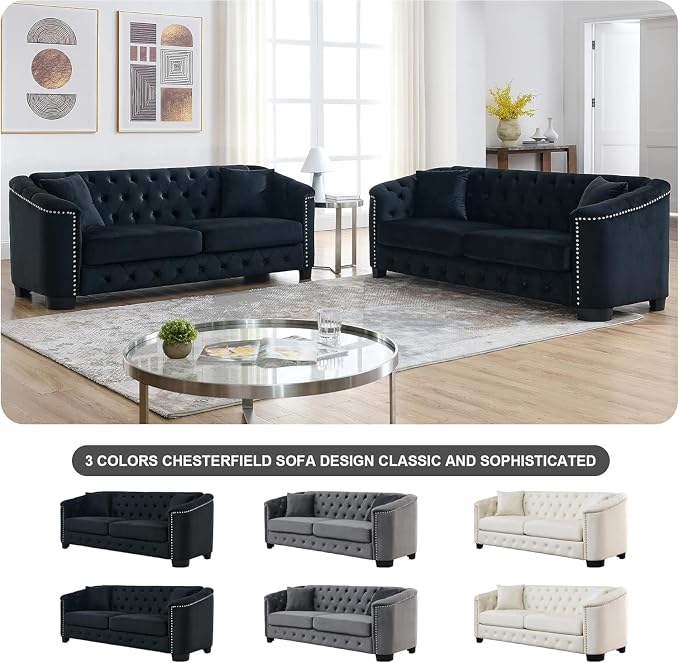 2 Piece Modern Chesterfield Velvet 77" 3-Seater Sofa Set, Upholstered Tufted - Image 6
