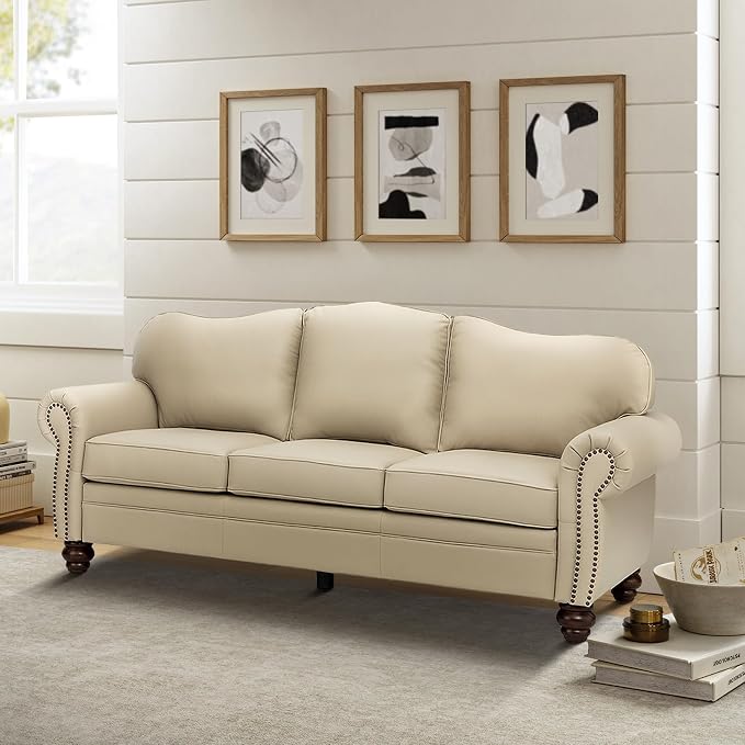 81" Genuine Leather Sofa, Classic 3-Seater Couchs - Image 3