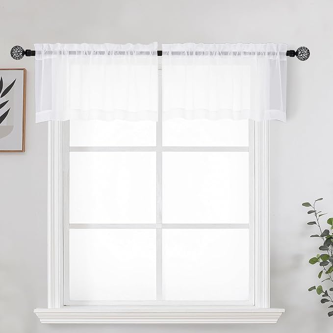 White Sheer Curtains for Kitchen Valance Set of 2, Small Short Modern Rod by OWENIE