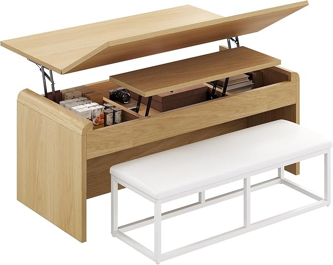 Coffee Table with Bench, 4-in-1 Multi-Function Coffe Table w/Curved Corner - Image 7