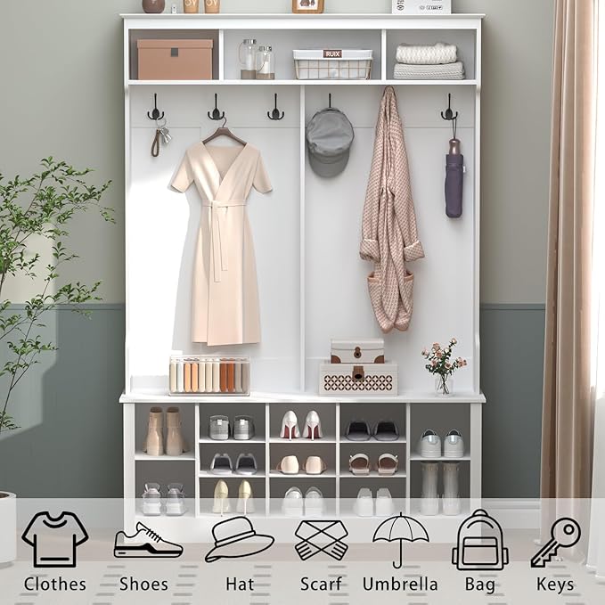 Wodeer Hall Tree with Bench and Shoe Storage, 6 Hooks, 12 Shoe Cubbies - Image 3