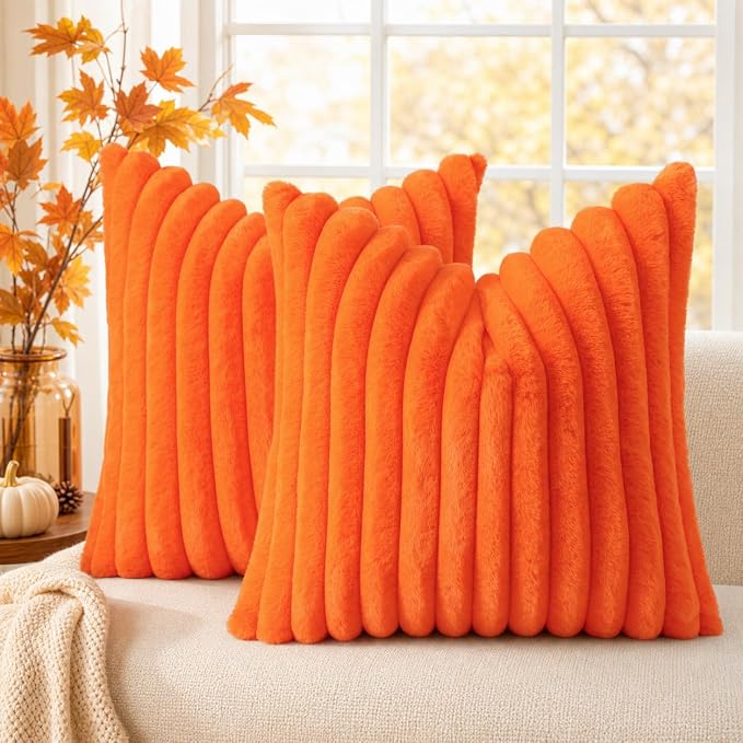 decorUhome Fall Faux Fur Throw Pillow Covers 20x20 Set of 2 Orange | Decorative by decorUhome