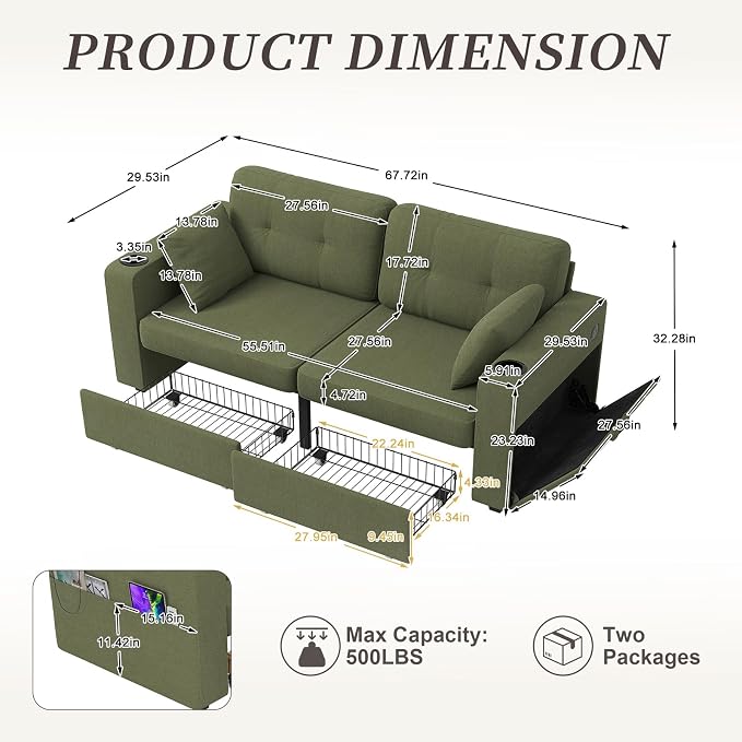 67" Small Loveseat Couch with Storage, USB Charging and Cup Holder, Space - Image 3