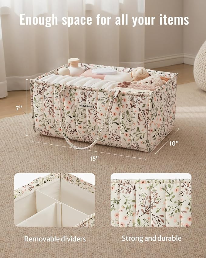Blissful Diary Floral Diaper Caddy Organizer, Stylish Nursery Storage Basket - Image 3