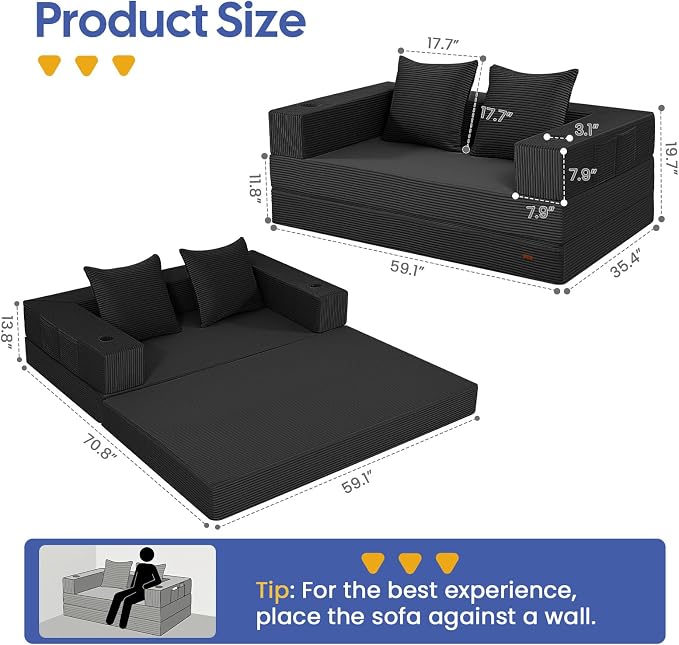 COMAX Futon Sofa Bed, 4‑in‑1 Convertible Sofa Bed, Folding Boneless Couches - Image 2