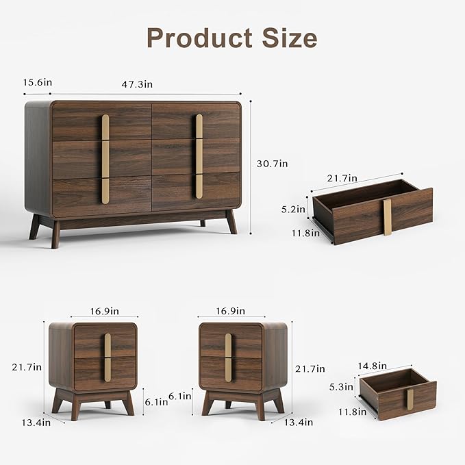 JOINICE Mid Century Modern Bedroom Set, 6 Drawer Dresser and Nightstand Sets - Image 2