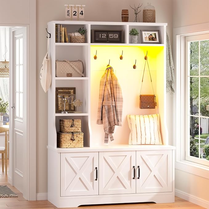 CSZZD White Hall Tree with Bench and Shoe Storage, Entryway Bench with Coat - Image 8
