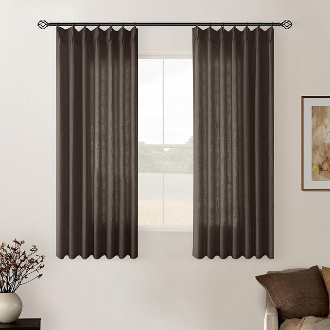 Dark Chocolate Pleated Linen Semi Sheer Curtains 45 Inch Length 2 Panels | by Twodrapes