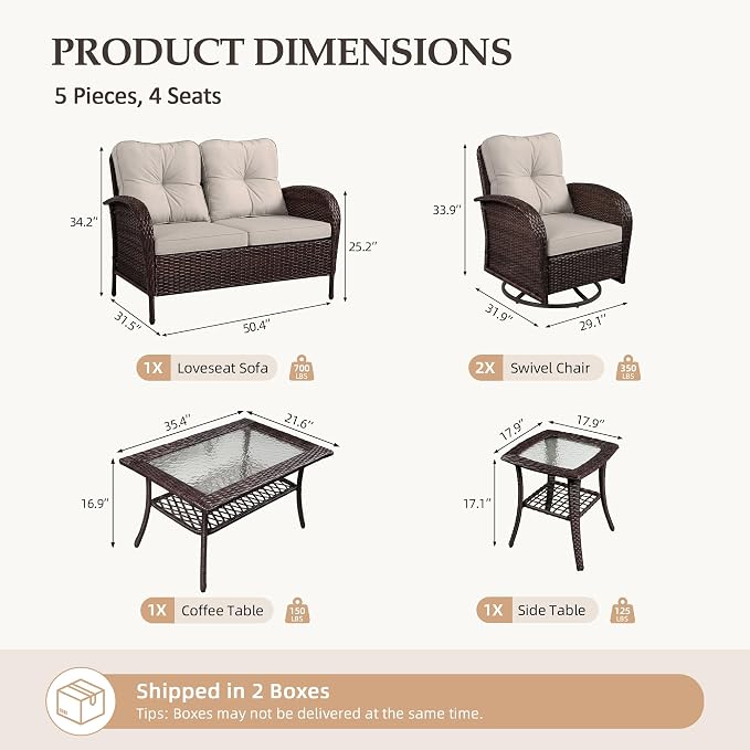 UPHA 5 Pieces Patio Furniture Sets, Wicker Outdoor Loveseat Sofa Set - Image 2