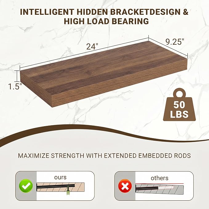 Acovy 24 Inch Floating Shelves, Wooden Shelves - Image 3