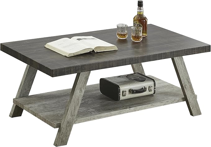Contemporary Two-Tone Wood Shelf Coffee Table, 48 in Weathered Walnut and Gray - Image 5