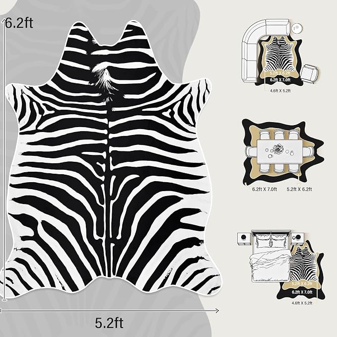 Faux Zebra Rug, Large Zebra Print Rug Animal Hide Rugs, 6.2 x 5.2 Ft | Print - Image 2