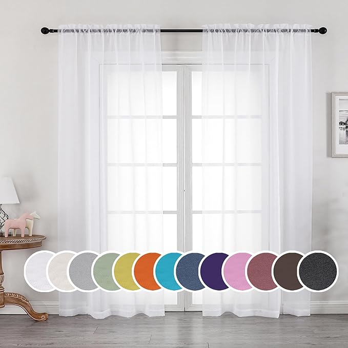 Sheer White Curtains, Sheer Curtains 90 inches Long 2 Panels Set, Rod Pocket by OWENIE