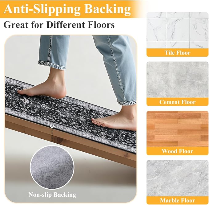 HEBE Hallway Runner Rug 2'x8', Washable Non Slip Kitchen Rug Runner | Soft Boho - Image 3