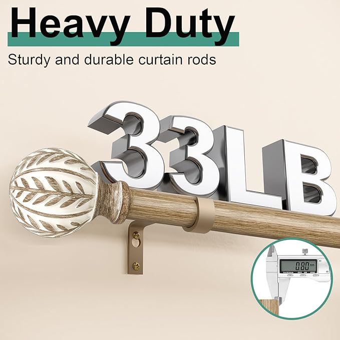 QDWIS Boho Wood Curtain Rods for Windows 66 to 120 inch, Rustic Decorative - Image 4