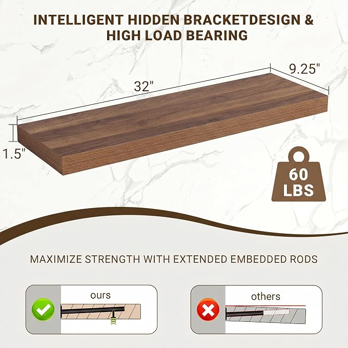 Acovy 32 Inch Floating Shelves, 3D Textured Wood Grain, Wooden Shelves - Image 3