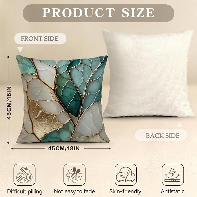 OBSEDE Teal and Gold Leaf Decorative Throw Pillow Covers 18x18 Set of 4 - Image 3
