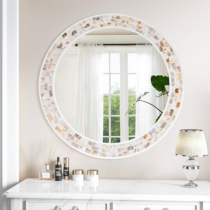 Tanmicoshomy Round Wall Mirror 30 Inch, Natural Brown Shell Framed Circle by Tanmicoshomy
