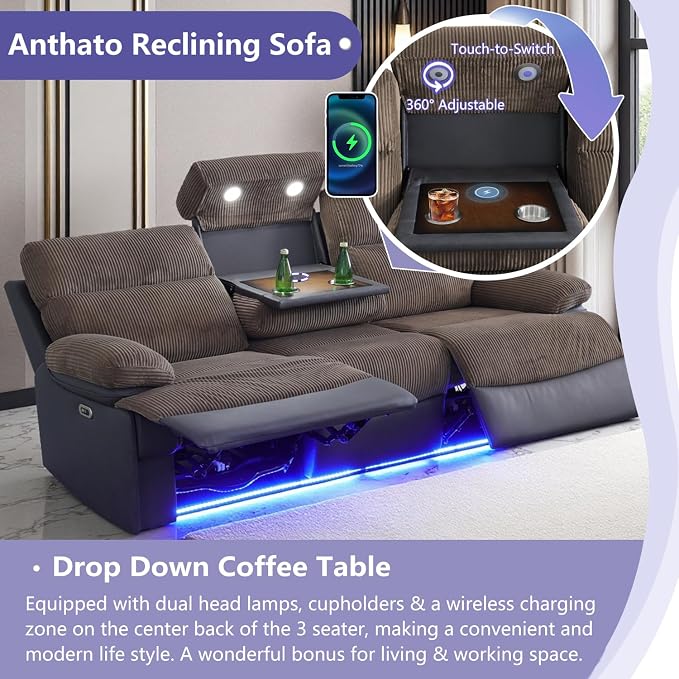 Power Recliner Sofa Set, Living Room Furniture Sets, Luxury Recliner Sofa and 2 - Image 3