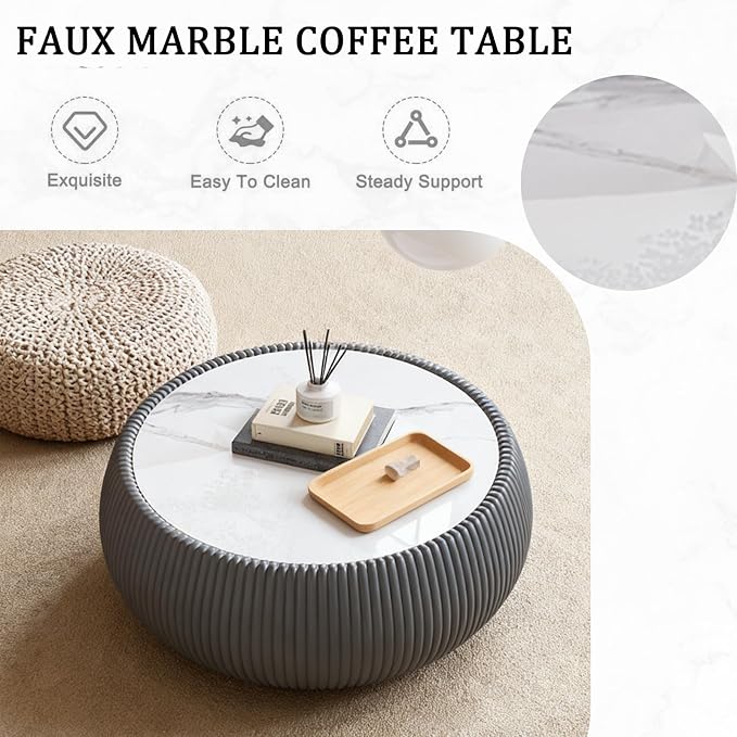 27.55" Round Marble Coffee Table, Modern Fluted Coffee Table - Image 6
