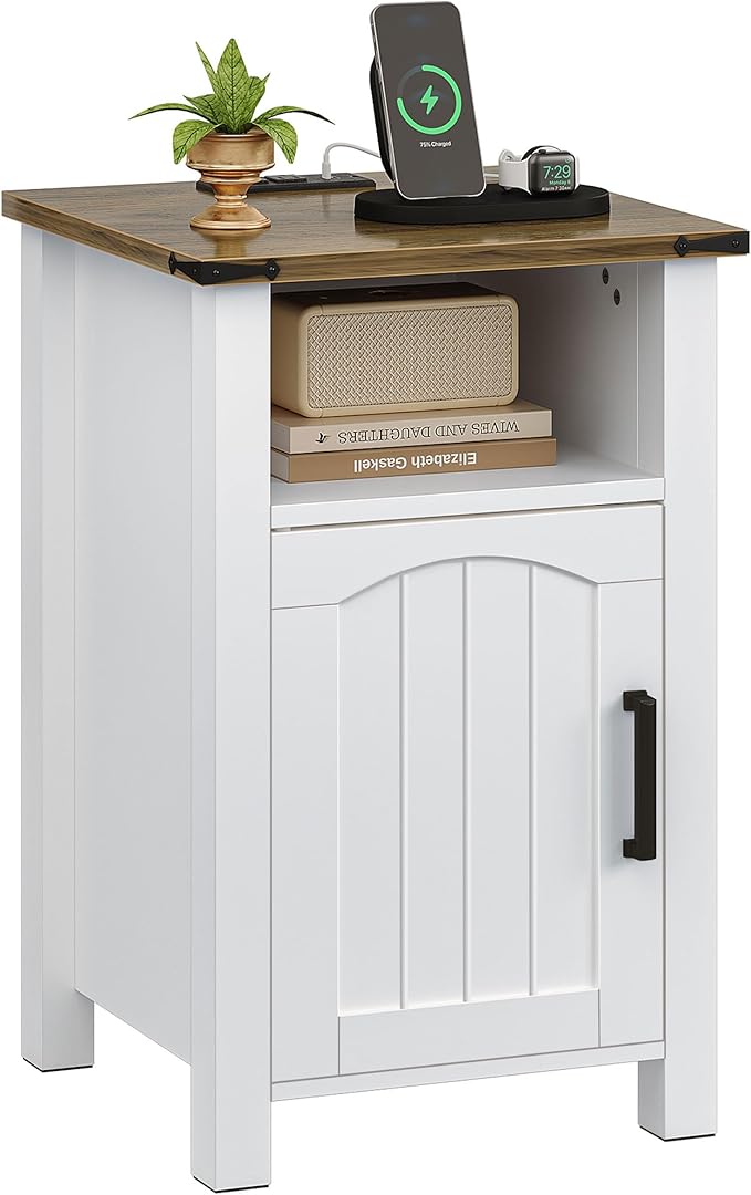 Farmhouse Nightstand with Charging Station, End Table with USB/Type-C Ports and by Decofy