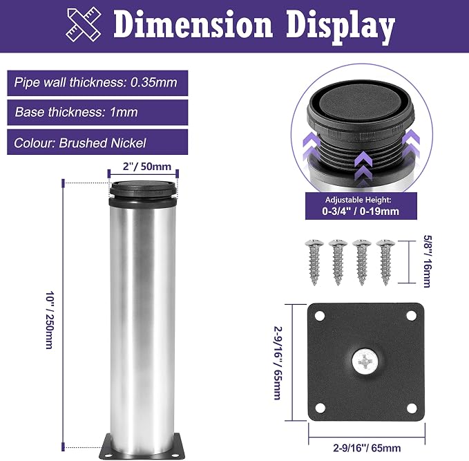10 Inch Metal Furniture Legs Stainless Steel Adjustable Legs Silver Metal Legs - Image 5