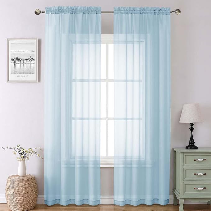 Sky Blue Sheer Curtains 90 Inches Long 2 Panels, Light Filtering Voile Solid by Lecloud