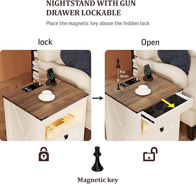 HWB LED Nightstand with Gun Drawer: Bedside Table with Charging Station - Image 3