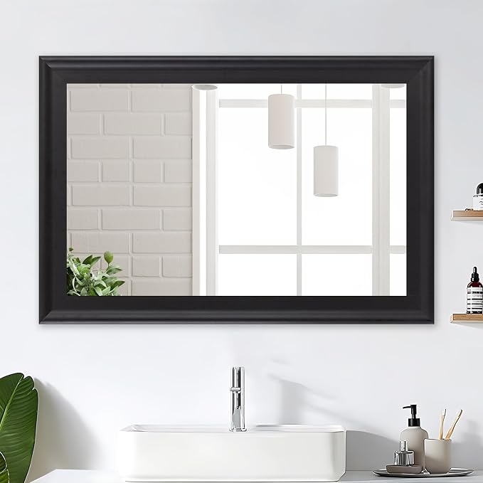 Black Wood Mirror for Bathroom, Rectangle Rustic 24 x 36 inch Vanity Mirror for - Image 2