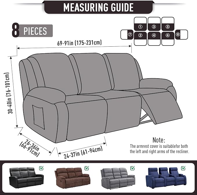 TAOCOCO Recliner Couch Covers for 3 Seat, 8-Pieces Stretch Large Couch Covers - Image 5