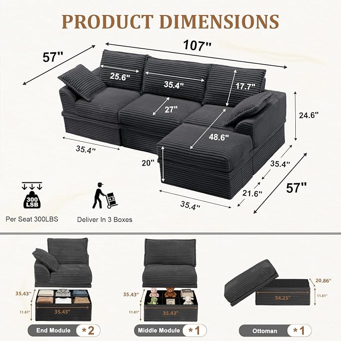 Upgrade Boneless Couch with Storage, Extra Deep&High Seat Modular Sectional - Image 3