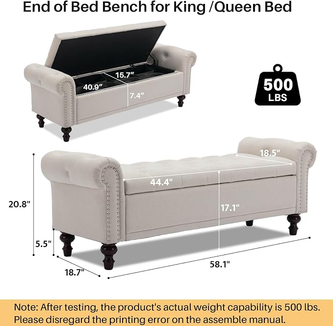 SOFTHION 58.1" Storage Bench Upholstered Linen End of Bedroom Bed Bench Ottoman - Image 2