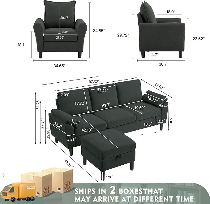 79" Convertible Sectional Sofa Set, Modern Linen Small L Shaped Couch - Image 3