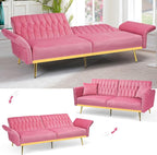 70” Velvet Futon Sofa Bed with 2 Pillows and Adjustable Armrests, Convertible - Image 4