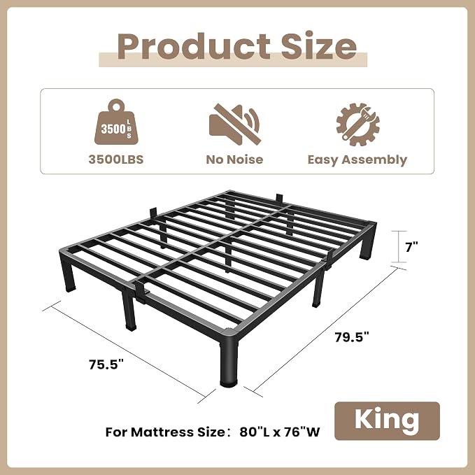 ROIL 7 inch King Size Bed Frame Metal Platform No Box Spring Needed - Image 2
