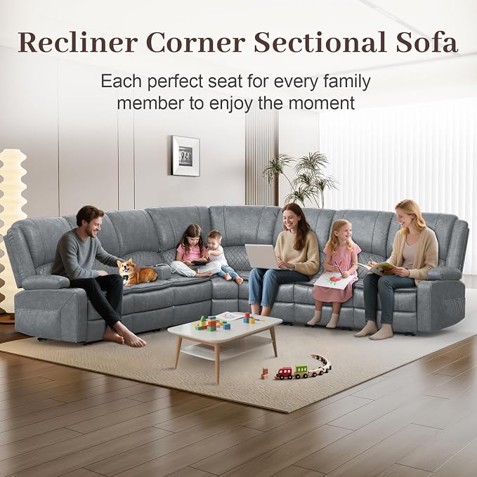 Yolsali Manual Reclining Sectional Sofa Set, 7 Seats Soft Leather Recliner - Image 3