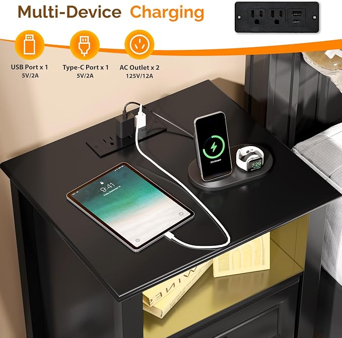 Bonnlo Led Nightstand with Charging Station, Night Stand Black Bedside Table - Image 3