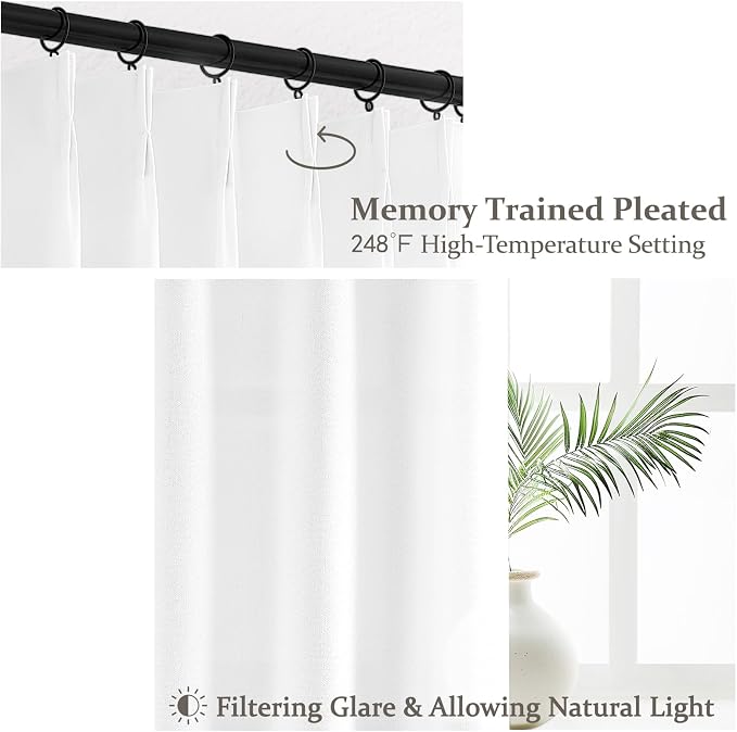 White Linen Sheer Curtains 84 Inches Long 2 Panels, Neutral Textured Pinch - Image 3