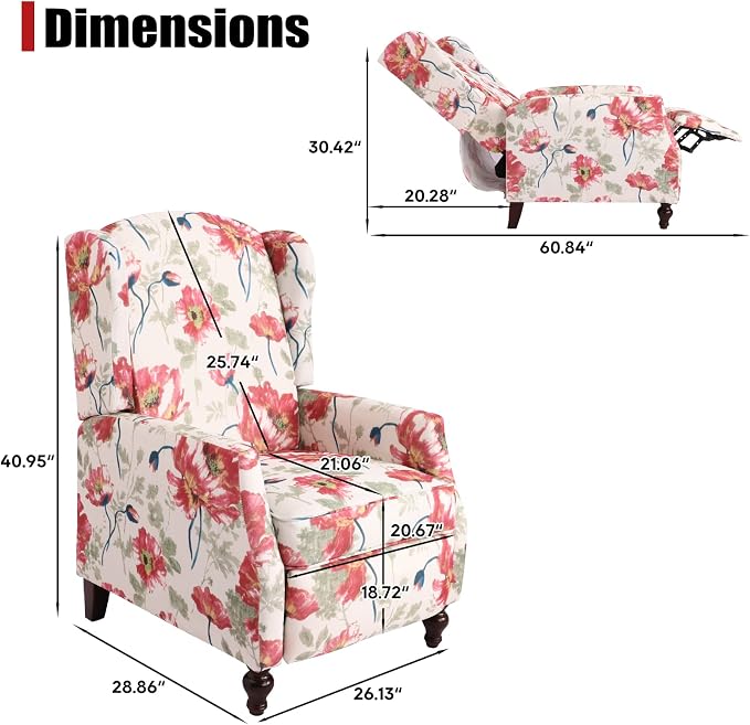Upholstered Wingback Recliner Chair, Traditional Push Back Recliner - Image 2